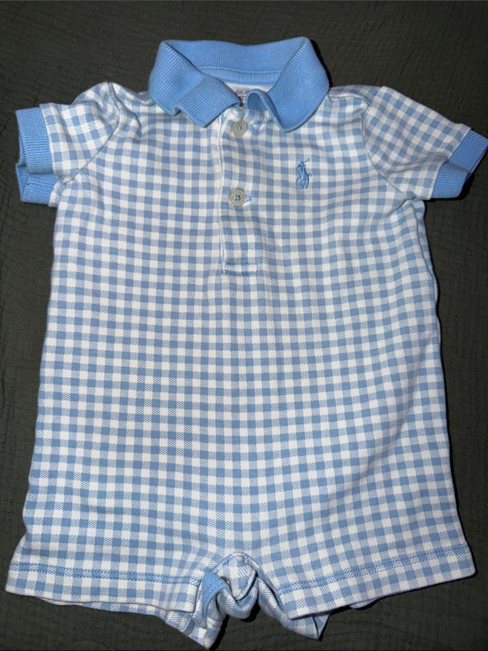 Ralph Lauren Infant Polo Romper in Light Blue and White Gingham